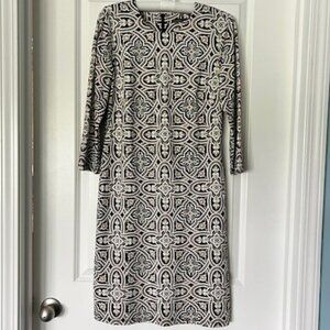 J. McLaughlin Sophia style geometric black/tan geometric print dress, sz small